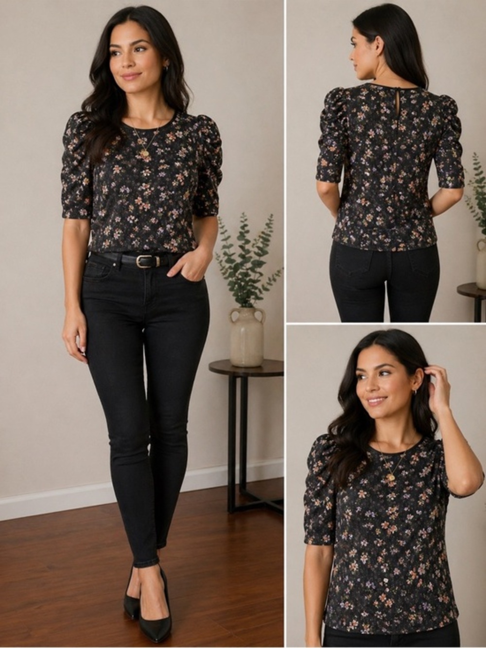 Lea & Viola Floral Blouse Black Pink Puff Sleeve S